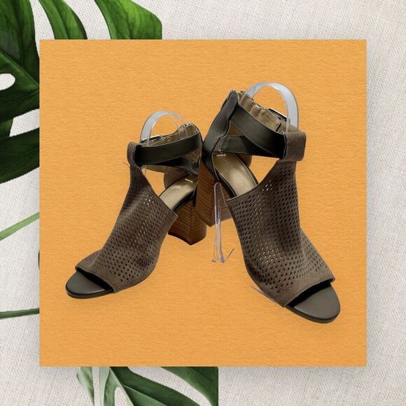 Marc Fisher Shoes - Marc Fisher Gabie Heels Grey Taupe Suede Cutout Block Heel Open Toe Cage Size 8M